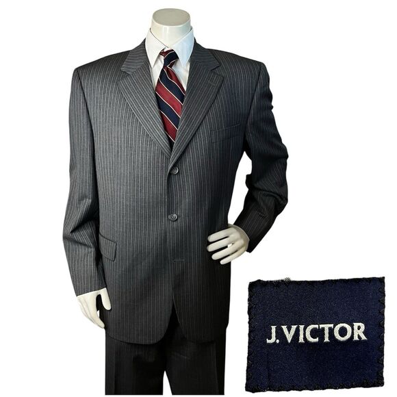 Jack Victor ‘Von-CT’ Men’s 2pc Suit 46R W40xL30 Gray Striped Wool Made In Canada - Picture 1 of 16